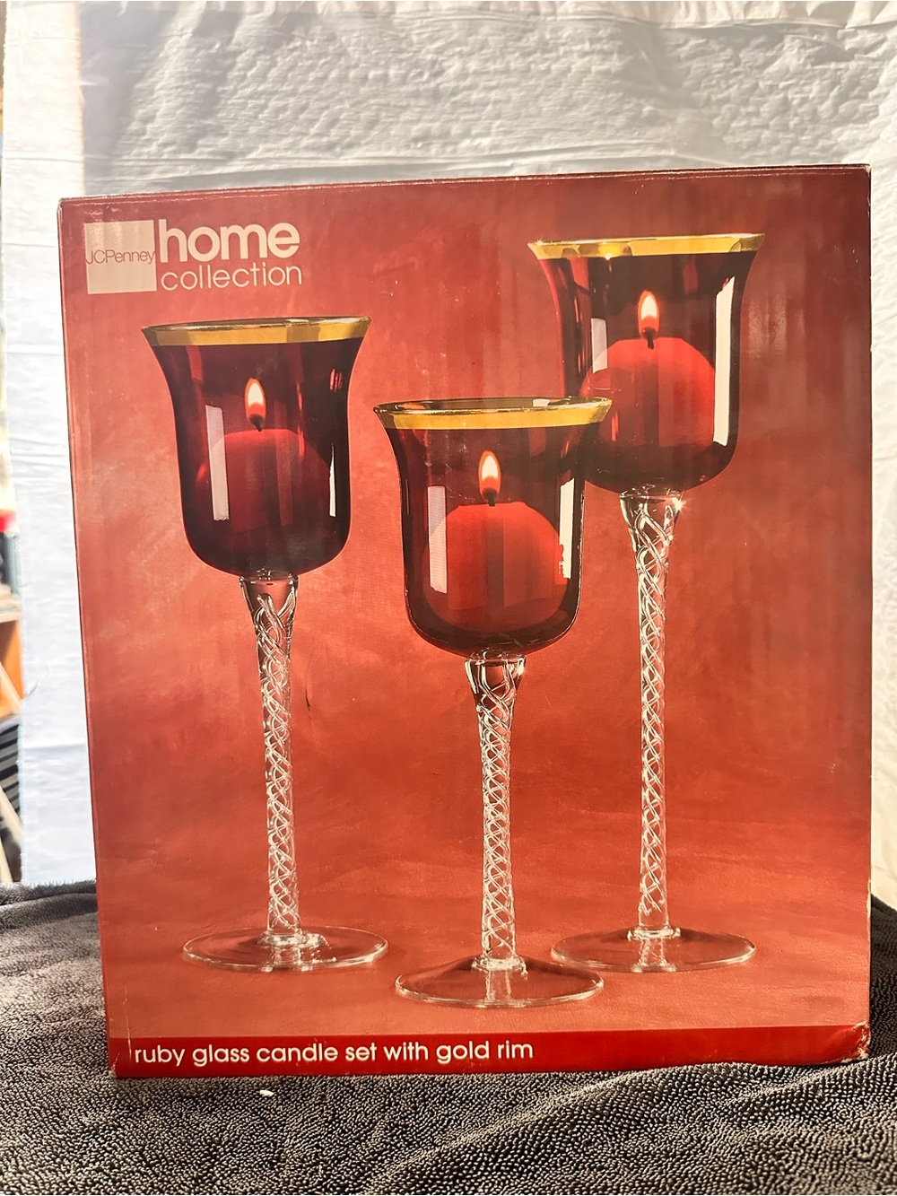 JC Penny Home Collection Ruby Glass Candle Set with Gold Trim NIB